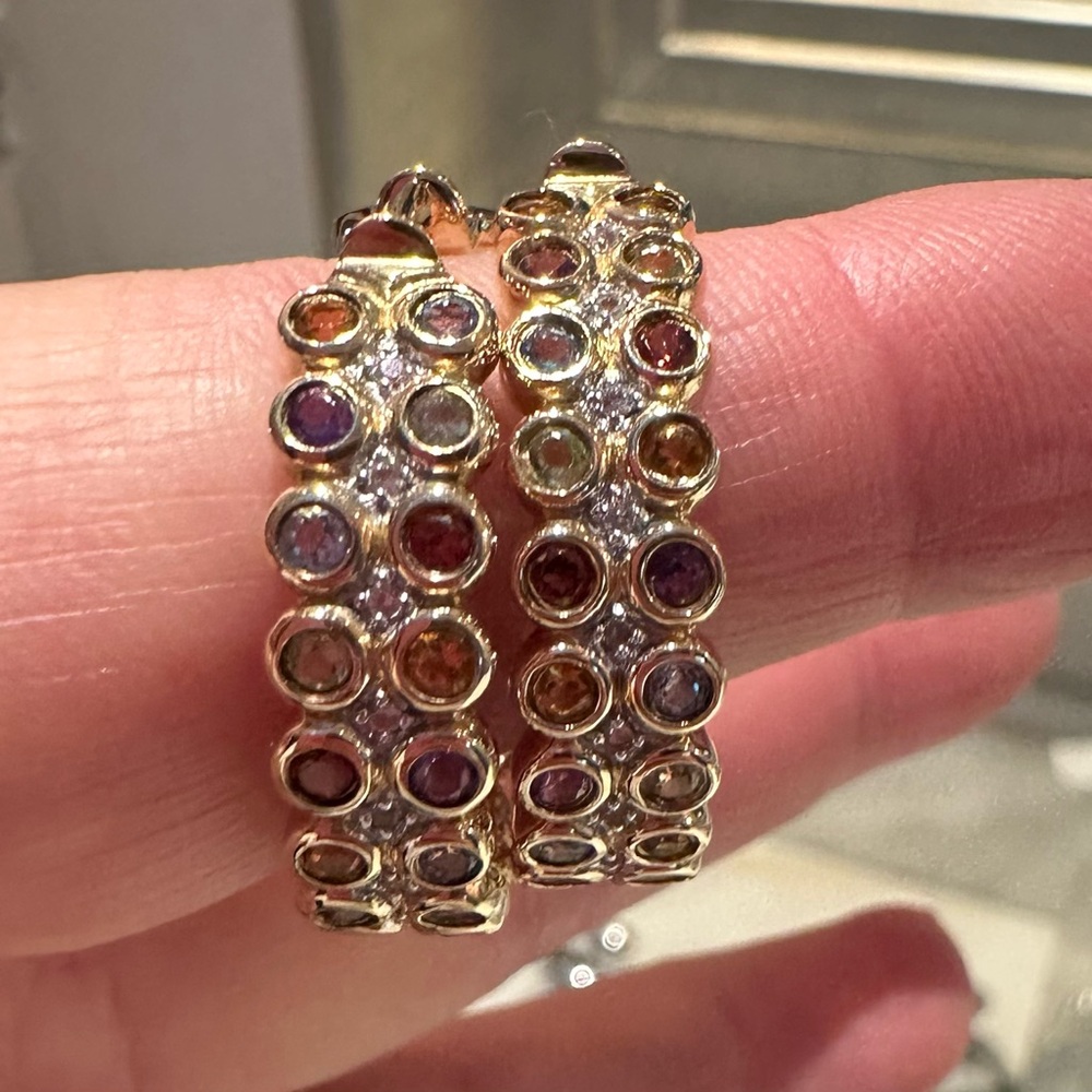 VIBRANT 10K GEMSTONE HOOP EARRINGS -12.5 GRAMS !! - Picture 7 of 15